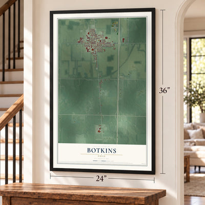 Botkins, Ohio map, 24 x 36 inch print in a black frame by a staircase