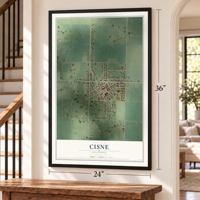 Cisne, Illinois map, 24 x 36 inch print in a black frame by a staircase