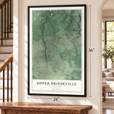 Upper Brookville, New York map, 24 x 36 inch print in a black frame by a staircase
