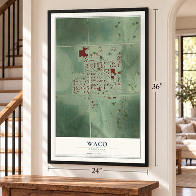 Waco, Nebraska map, 24 x 36 inch print in a black frame by a staircase