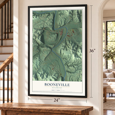 Booneville, Kentucky map, 24 x 36 inch print in a black frame by a staircase