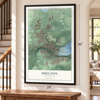 Shelton, Washington map, 24 x 36 inch print in a black frame by a staircase