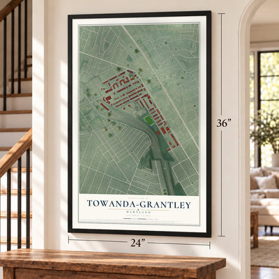 Towanda-Grantley, Maryland map, 24 x 36 inch print in a black frame by a staircase
