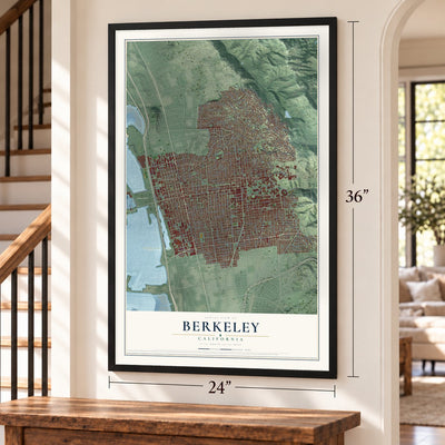 Berkeley, California map, 24 x 36 inch print in a black frame by a staircase