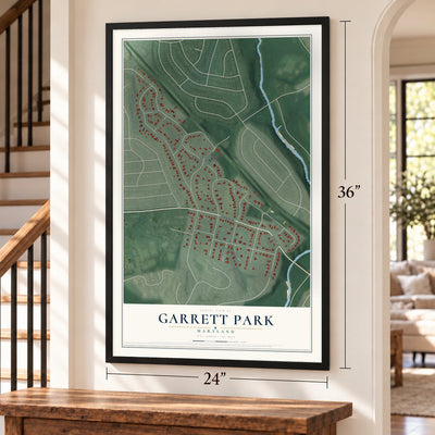 Garrett Park, Maryland map, 24 x 36 inch print in a black frame by a staircase