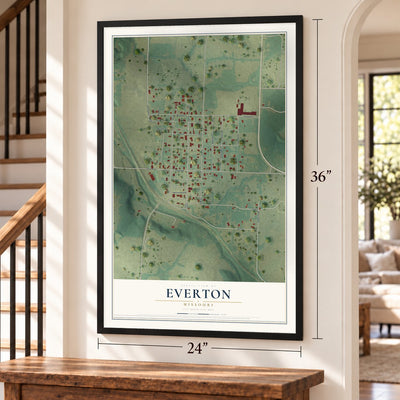 Everton, Missouri map, 24 x 36 inch print in a black frame by a staircase