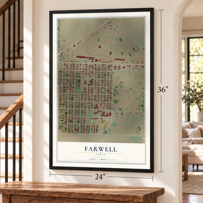 Farwell, Texas map, 24 x 36 inch print in a black frame by a staircase
