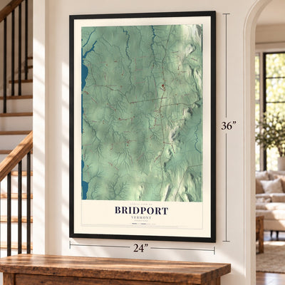 Bridport, Vermont map, 24 x 36 inch print in a black frame by a staircase