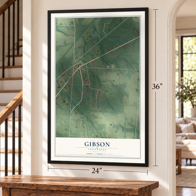 Gibson, Tennessee map, 24 x 36 inch print in a black frame by a staircase