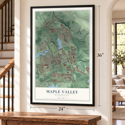 Maple Valley, Washington map, 24 x 36 inch print in a black frame by a staircase