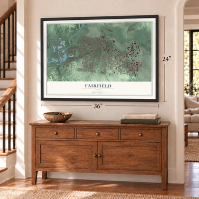 Fairfield, Ohio map, 24 x 36 inch print in a black frame above a dresser by a staircase