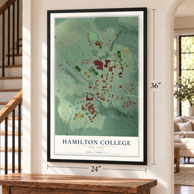 Hamilton College, New York map, 24 x 36 inch print in a black frame by a staircase
