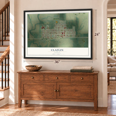 Claflin, Kansas map, 24 x 36 inch print in a black frame above a dresser by a staircase
