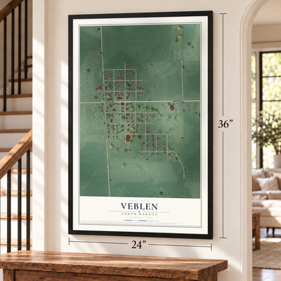 Veblen, South Dakota map, 24 x 36 inch print in a black frame by a staircase