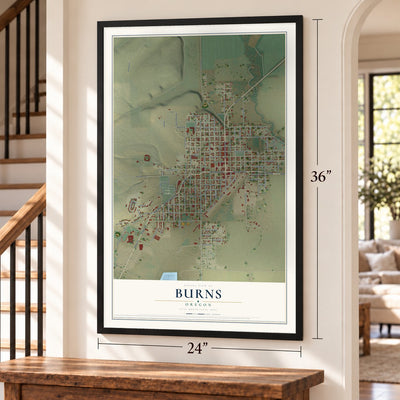 Burns, Oregon map, 24 x 36 inch print in a black frame by a staircase
