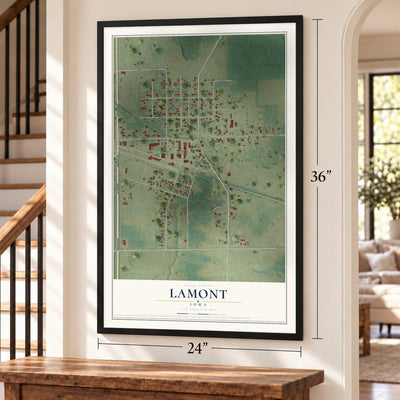 Lamont, Iowa map, 24 x 36 inch print in a black frame by a staircase
