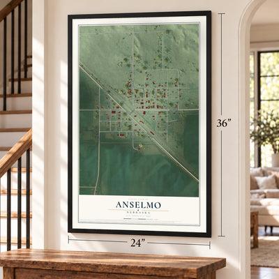 Anselmo, Nebraska map, 24 x 36 inch print in a black frame by a staircase