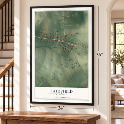 Fairfield, Kentucky map, 24 x 36 inch print in a black frame by a staircase