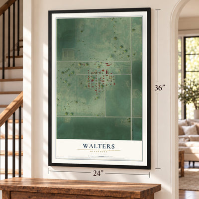 Walters, Minnesota map, 24 x 36 inch print in a black frame by a staircase
