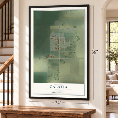 Galatia, Kansas map, 24 x 36 inch print in a black frame by a staircase