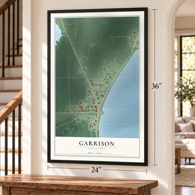 Garrison, Minnesota map, 24 x 36 inch print in a black frame by a staircase