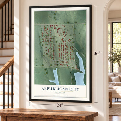 Republican City, Nebraska map, 24 x 36 inch print in a black frame by a staircase