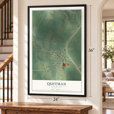 Quitman, Louisiana map, 24 x 36 inch print in a black frame by a staircase