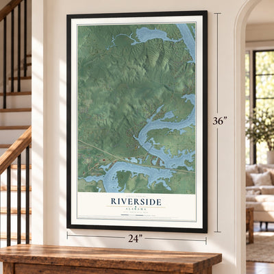 Riverside, Alabama map, 24 x 36 inch print in a black frame by a staircase