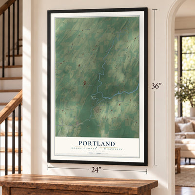 Portland, Dodge County, Wisconsin map, 24 x 36 inch print in a black frame by a staircase