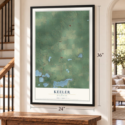 Keeler, Michigan map, 24 x 36 inch print in a black frame by a staircase