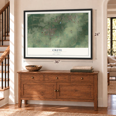 Crete, Illinois map, 24 x 36 inch print in a black frame above a dresser by a staircase