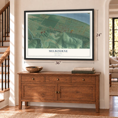 Melbourne, Kentucky map, 24 x 36 inch print in a black frame above a dresser by a staircase