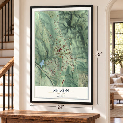 Nelson, Georgia map, 24 x 36 inch print in a black frame by a staircase