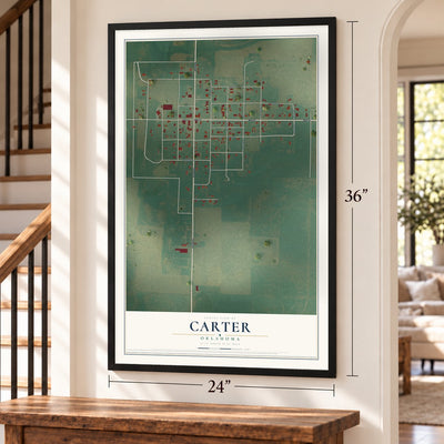 Carter, Oklahoma map, 24 x 36 inch print in a black frame by a staircase
