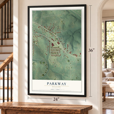 Parkway, Missouri map, 24 x 36 inch print in a black frame by a staircase