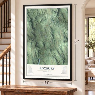 Roxbury, Connecticut map, 24 x 36 inch print in a black frame by a staircase