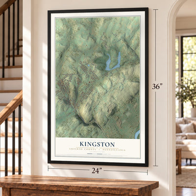 Kingston, Luzerne County, Pennsylvania map, 24 x 36 inch print in a black frame by a staircase