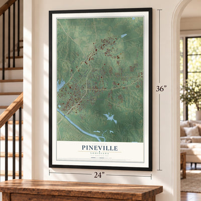 Pineville, Louisiana map, 24 x 36 inch print in a black frame by a staircase