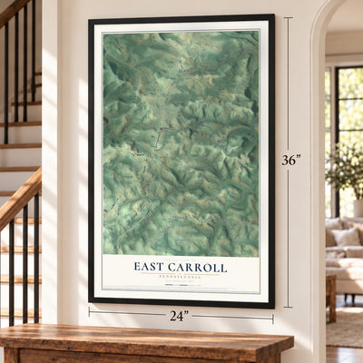 East Carroll, Pennsylvania map, 24 x 36 inch print in a black frame by a staircase