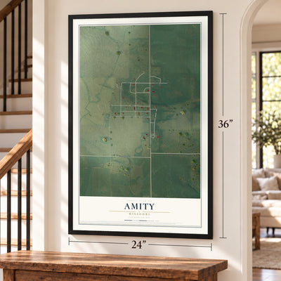 Amity, Missouri map, 24 x 36 inch print in a black frame by a staircase