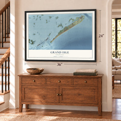 Grand Isle, Louisiana map, 24 x 36 inch print in a black frame above a dresser by a staircase