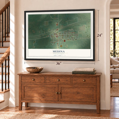 Medina, North Dakota map, 24 x 36 inch print in a black frame above a dresser by a staircase