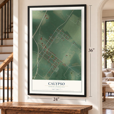 Calypso, North Carolina map, 24 x 36 inch print in a black frame by a staircase