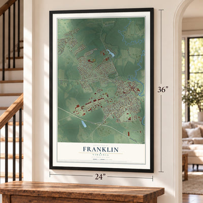 Franklin, Virginia map, 24 x 36 inch print in a black frame by a staircase
