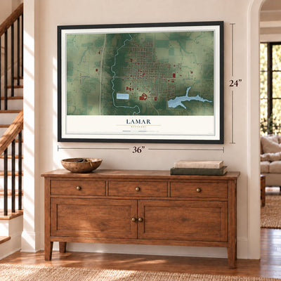 Lamar, Missouri map, 24 x 36 inch print in a black frame above a dresser by a staircase