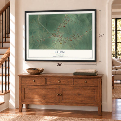 Salem, Kentucky map, 24 x 36 inch print in a black frame above a dresser by a staircase