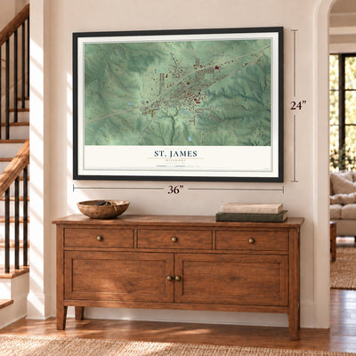 St. James, Missouri map, 24 x 36 inch print in a black frame above a dresser by a staircase