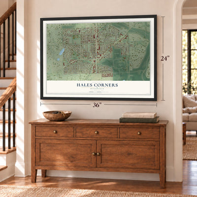 Hales Corners, Wisconsin map, 24 x 36 inch print in a black frame above a dresser by a staircase