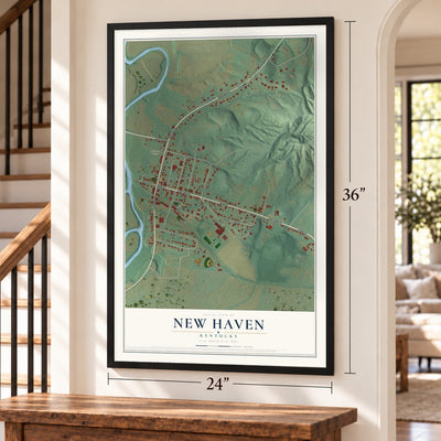 New Haven, Kentucky map, 24 x 36 inch print in a black frame by a staircase