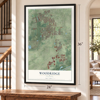 Woodridge, Illinois map, 24 x 36 inch print in a black frame by a staircase